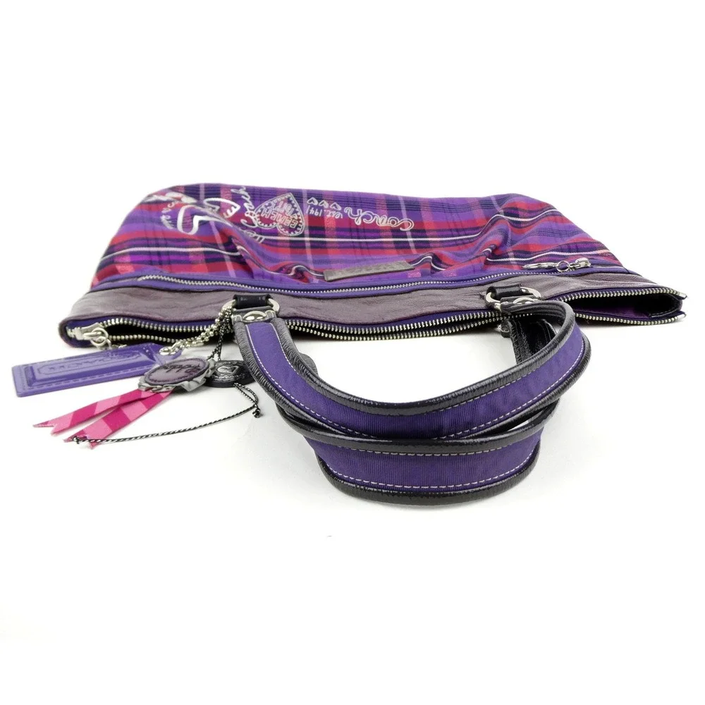 Coach Poppy Purple Plaid Large Shoulder Bag Tote 15886